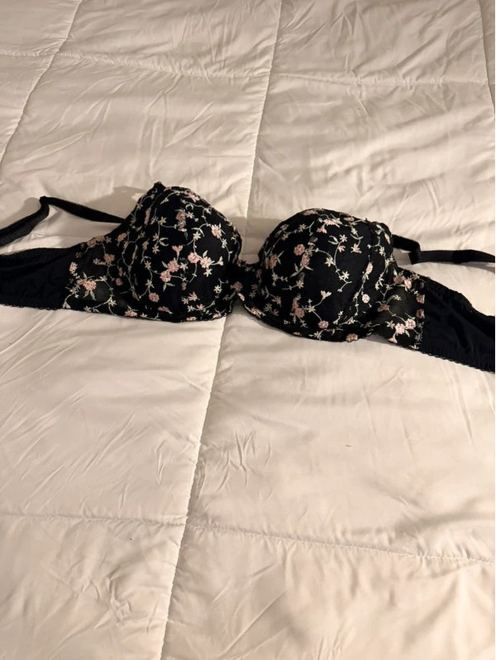 Adored by Adoreme black floral bra with pink & white 40d